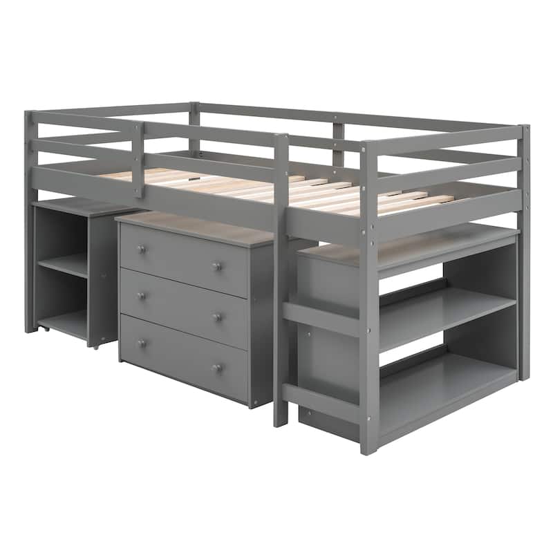 Modern Twin Low Loft Bed with Desk, Cabinet, and Rolling Desk