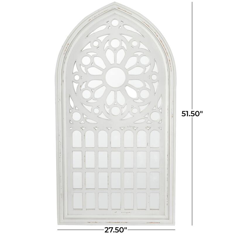 Wood Carved Wall Mirror with Arched Window Panes - White - Roche River Decor - 2"W x 28"L x 52"H