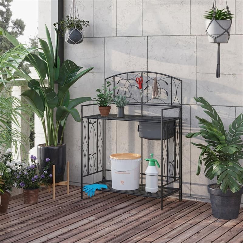 Folding Garden Potting Bench with Shelves, Hooks & Workstation - 33.5" L x 17" W x 47.25" H