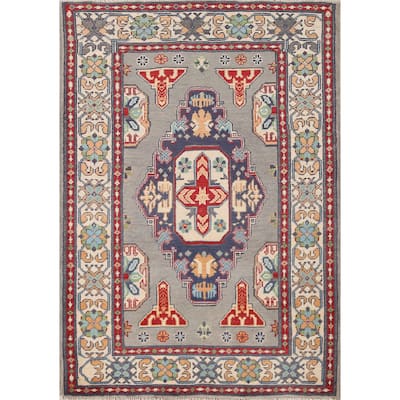 Geometric Kazak Oriental Rug Hand-Knotted Oriental Grey Wool Carpet - 3'6"x 4'10"