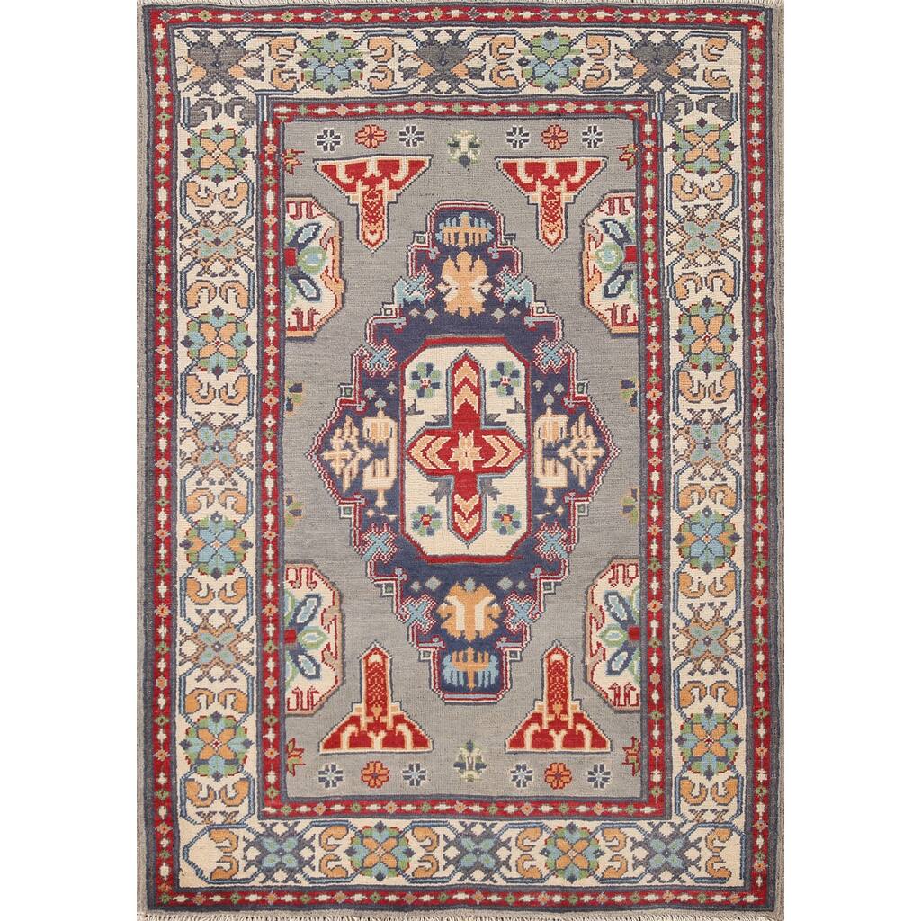 Geometric Kazak Oriental Rug Hand-Knotted Oriental Grey Wool Carpet - 3'6"x 4'10"