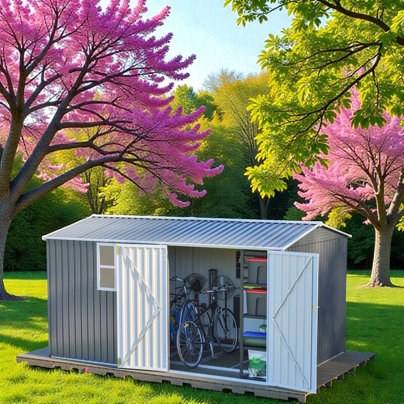 8x12 FT Outdoor Metal Storage Shed with Window, Lockable Hinged Doors and 4 Vents, Heavy Duty Steel Shed