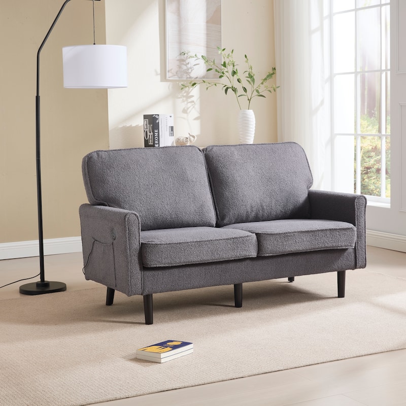 Roomfitters Loveseat Sofa, Mid-Century 2-Seater Couch with USB and Removable Pillow Covers for Living Room or Bedroom - Grey
