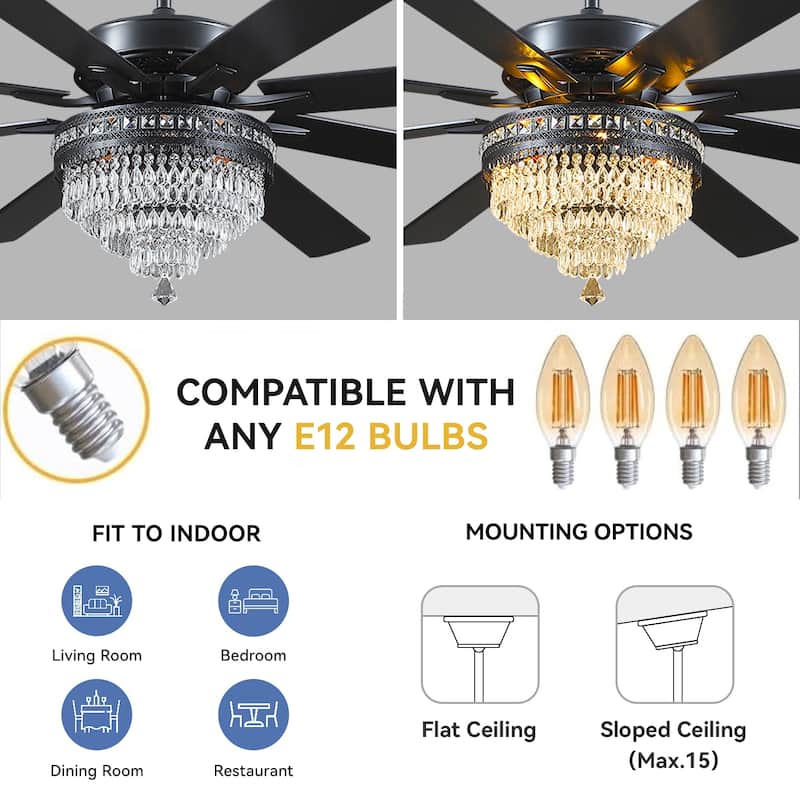 52" or 62" Crystal Ceiling Fan Chandelier with Lights,Remote Control, Timer,Reversible Motor