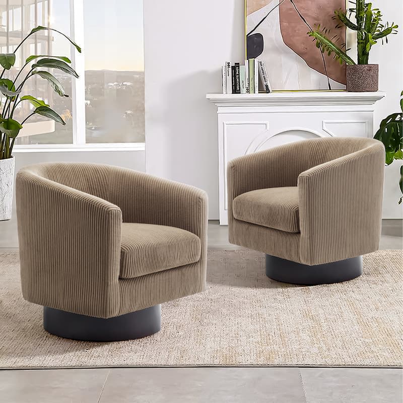Modern Upholstered Swivel Barrel Club Arm Accent Chair for Living Room - 2 Set - Camel-Corduory