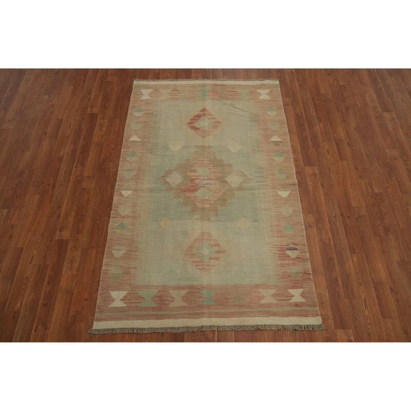 Hand Woven Oriental 100% Wool Carpet Southwestern Tribal Green Kilim Area Rug - 6' 0'' X 3' 9''