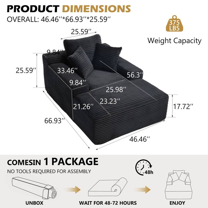 Deep Seat Chaise Lounge Chair, Wide Armrest Sleeper Sofa with Three Soft Pillows, Convertible Boneless Sofa Bed Daybed
