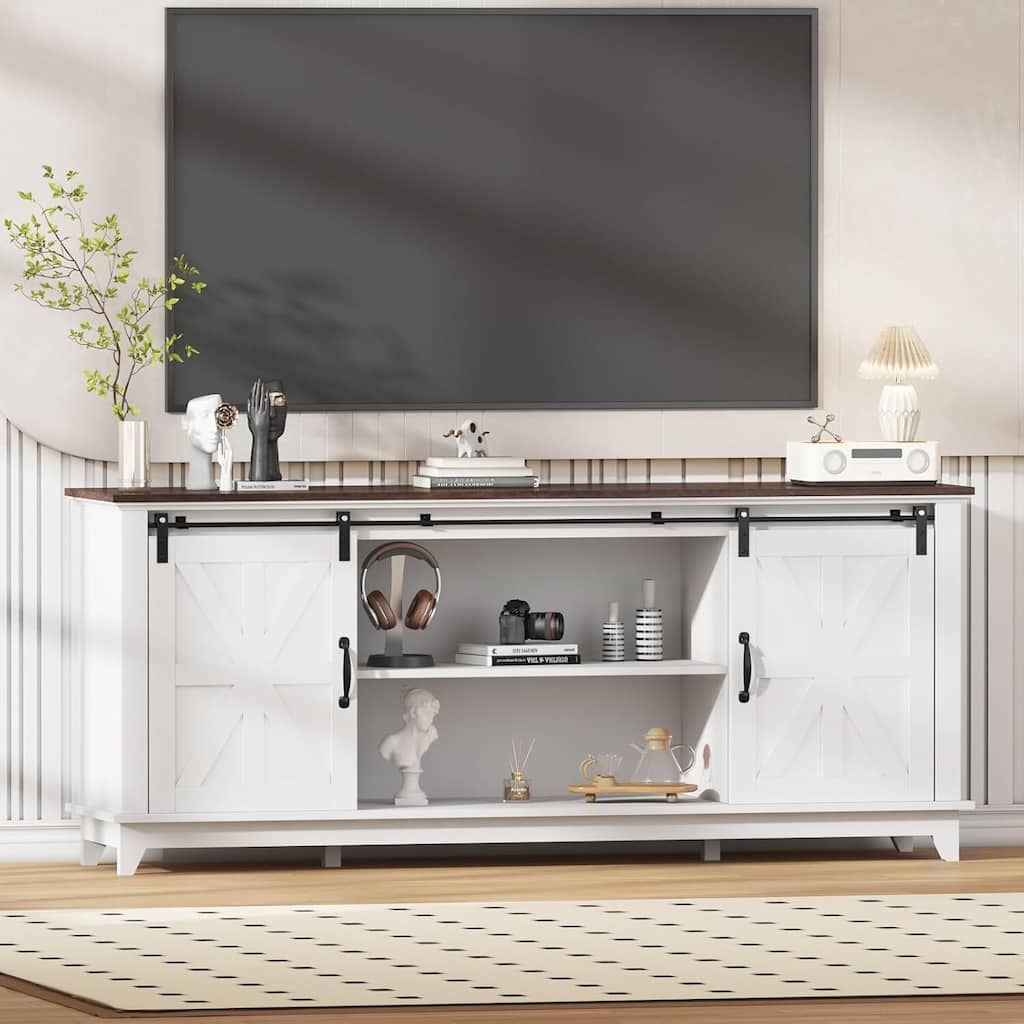 66" Farmhouse TV Stand, Entertainment Center with Adjustable Shelf - N/A