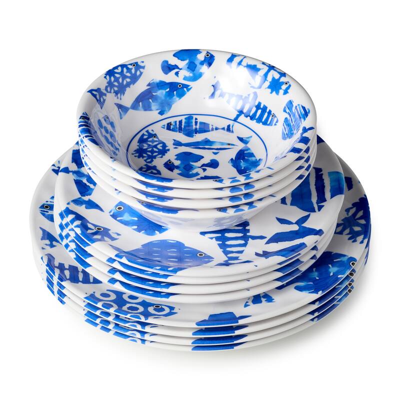 Certified International Fish Tale Melamine 12 Piece Dinnerware Set , Service for 4 - 11.00"L x 11.00"W x 0.50"H