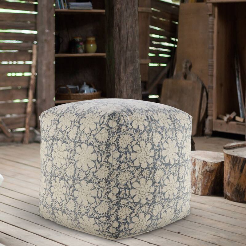 20" Navy Blue and White Floral Handmade Square Pouf Ottoman