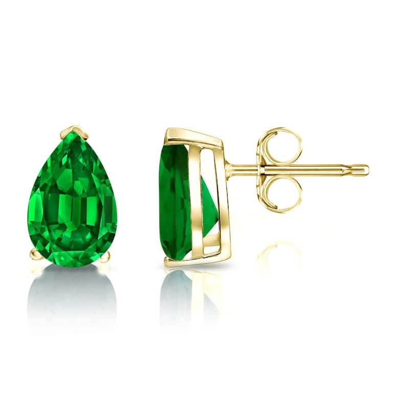 Auriya 14k Gold Lab Grown Gemstone Green Emerald Stud Earrings Pear 0.25 to 5.00 ct. tw. V-End Prong Push-Back - 1.25ct tgw. - Yellow