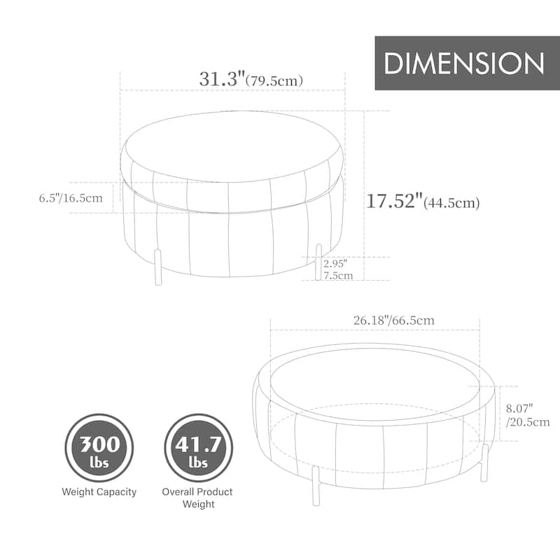 31.3"W Round Storage Ottoman, Footstool with Reversible Lid,Coffee Table,Metal Legs