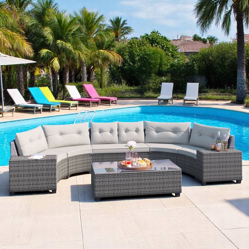 8-Piece Outdoor PE Wicker Patio Furniture Set with Cushions,Coffee Table & Side Tables,Modular Curved Sectional Sofa Set