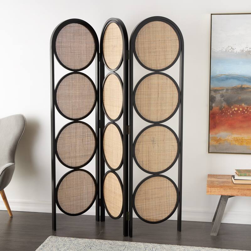 Black Wooden Handmade Arched Foldable 3 Panel Geometric Partition Room Divider Screen with Woven Circular Cutouts - Black