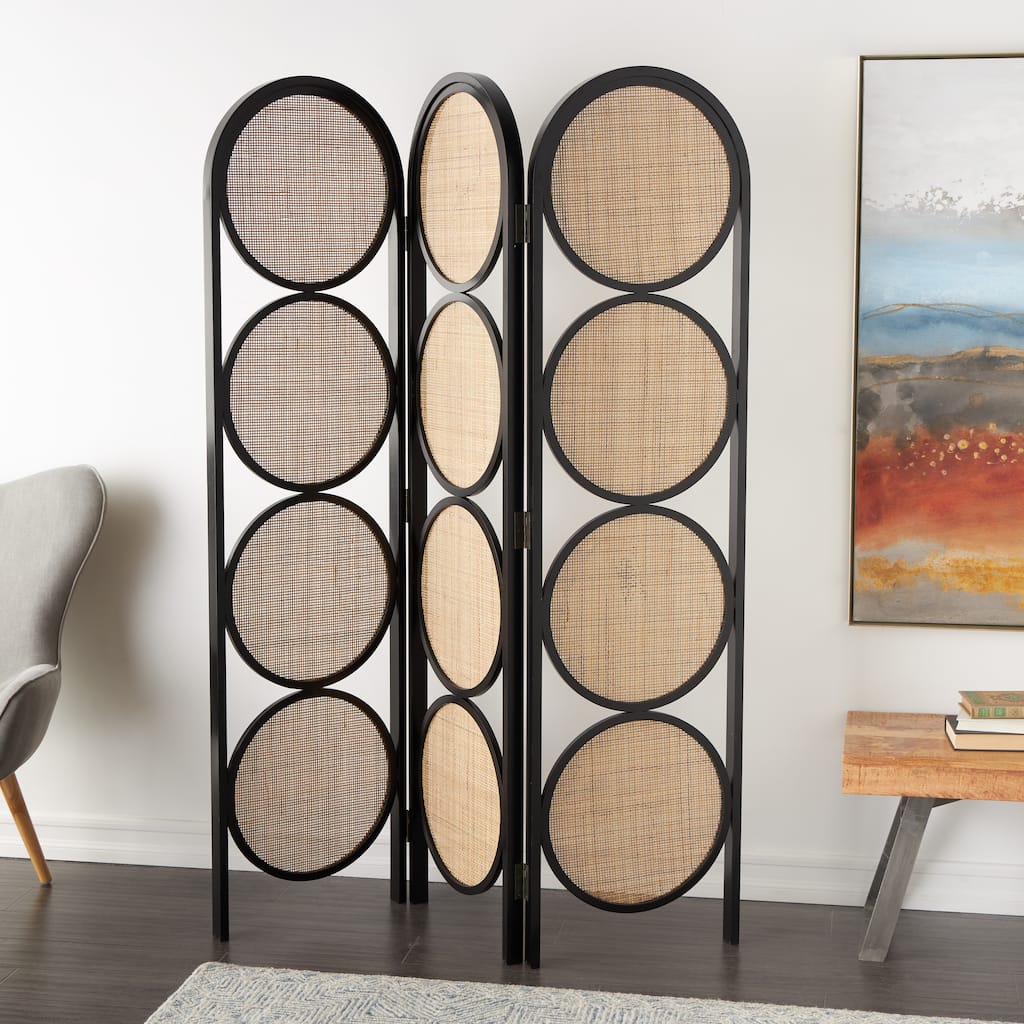 Black Wooden Handmade Arched Foldable 3 Panel Geometric Partition Room Divider Screen with Woven Circular Cutouts
