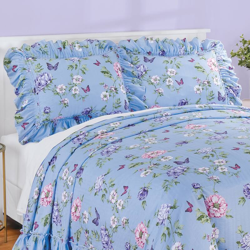 Butterfly Garden Plissé Ruffled Edge Pillow Sham Set - Blue - 8.500 x 5.000 x 2.500
