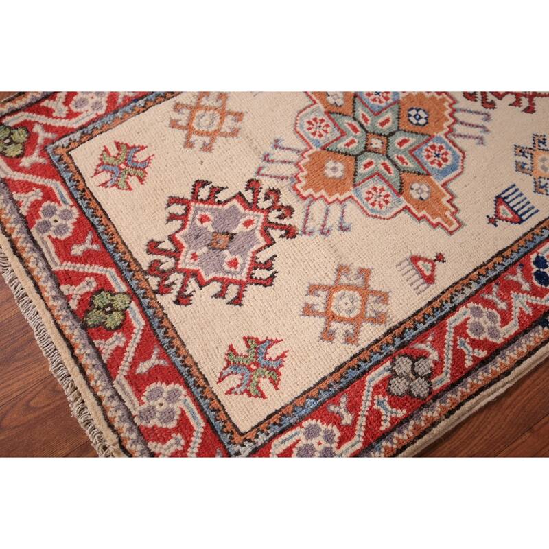 Ivory Geometric Kazak Oriental Foyer Rug Hand-Knotted Wool Carpet - 2'0" x 3'0"