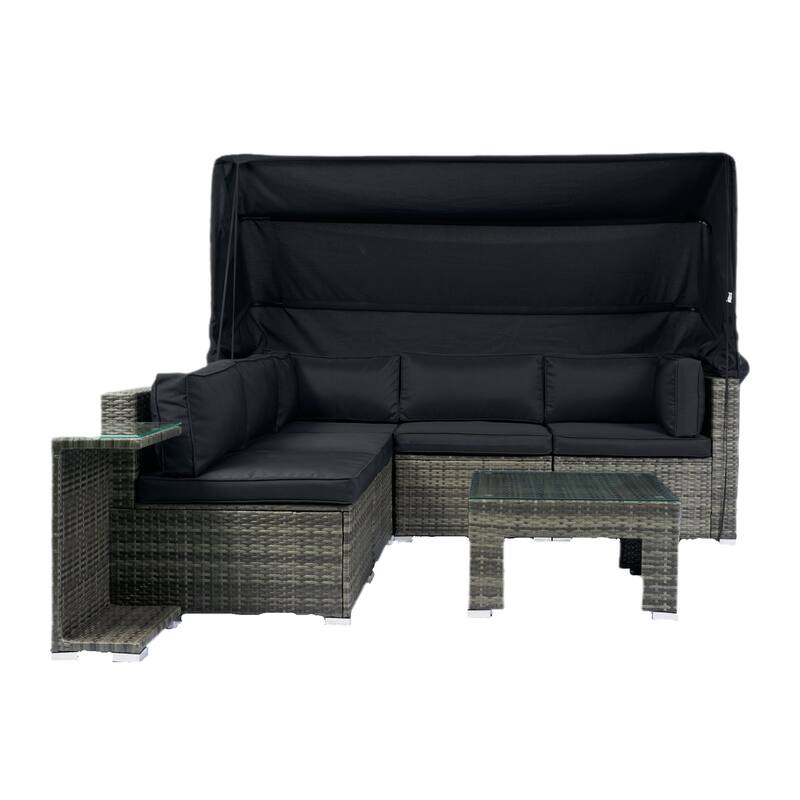 7-Piece outdoor Patio Retractable Canopy Wicker Rattan Sectional Sofa Set with Black Cushions - 78.74"X74.80"
