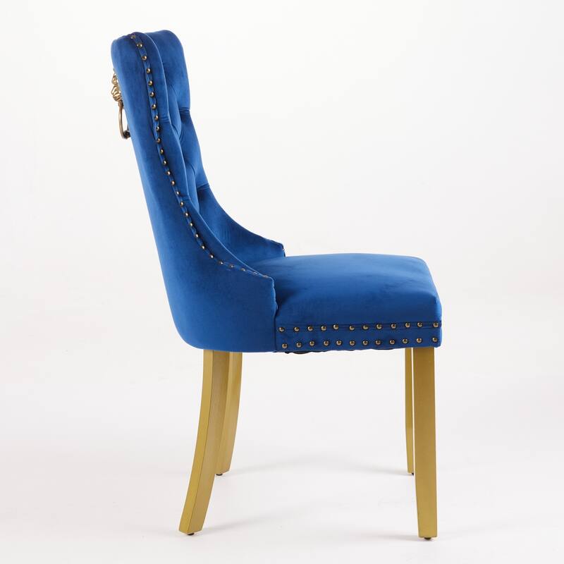 Velvet Dining Chairs Set of 2, Tufted Dining Chairs with Nailhead Trim, Kitchen Chairs with Lion Head Pulls Ring & Wooden Legs