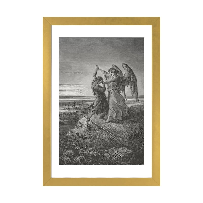 iCanvas "Jacob Wrestling With The Angel, Genesis 32-24-32 (Illustration From Dore's The Holy Bible), 1866" by Gustave Dore - Gold - 32x24x1