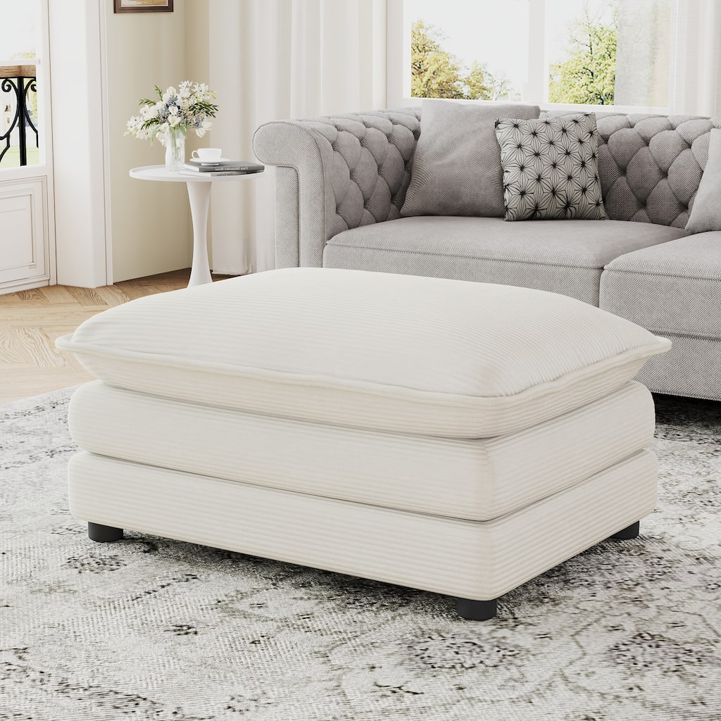 Roomfitters Dual-Layer Ottoman Footrest for Living Room, Plush Corduroy Fabric with Pocket Spring Seat, Beige