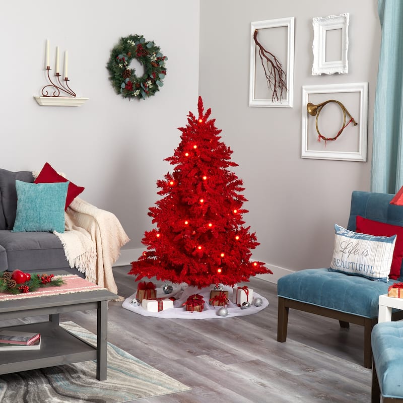 5ft. Red Flocked Fir Artificial Christmas Tree with 250 Red Lights, 26 Globe Bulbs and 490 Branches - Bold X-Mas Accent Tree