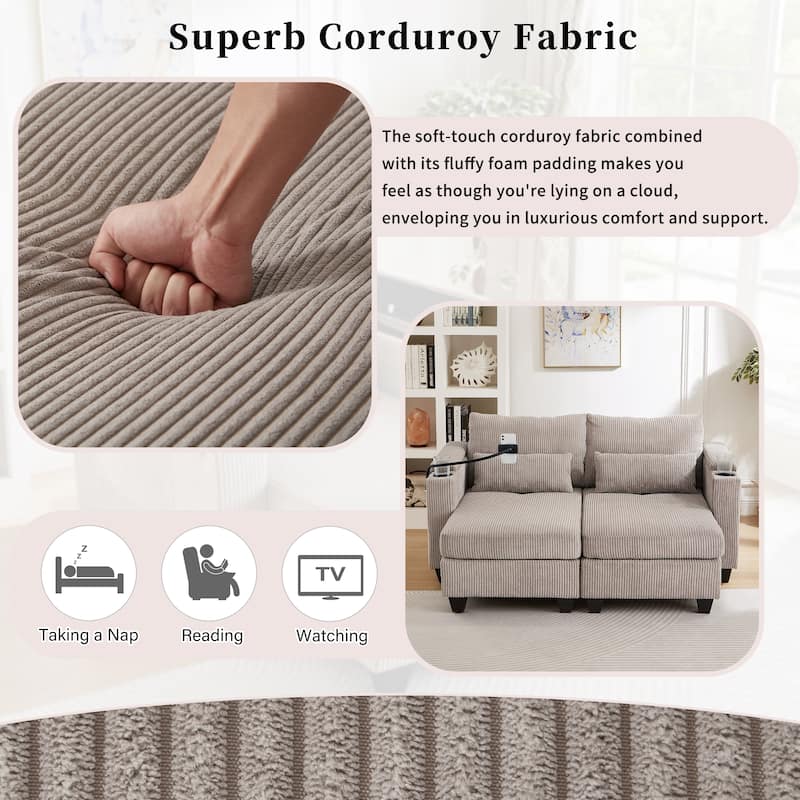 63" Convertible Chaise Lounge Chair, Corduroy Upholstered Sofa Bed with USB Ports & Cup Holders, Living Room Loveseat Sofa