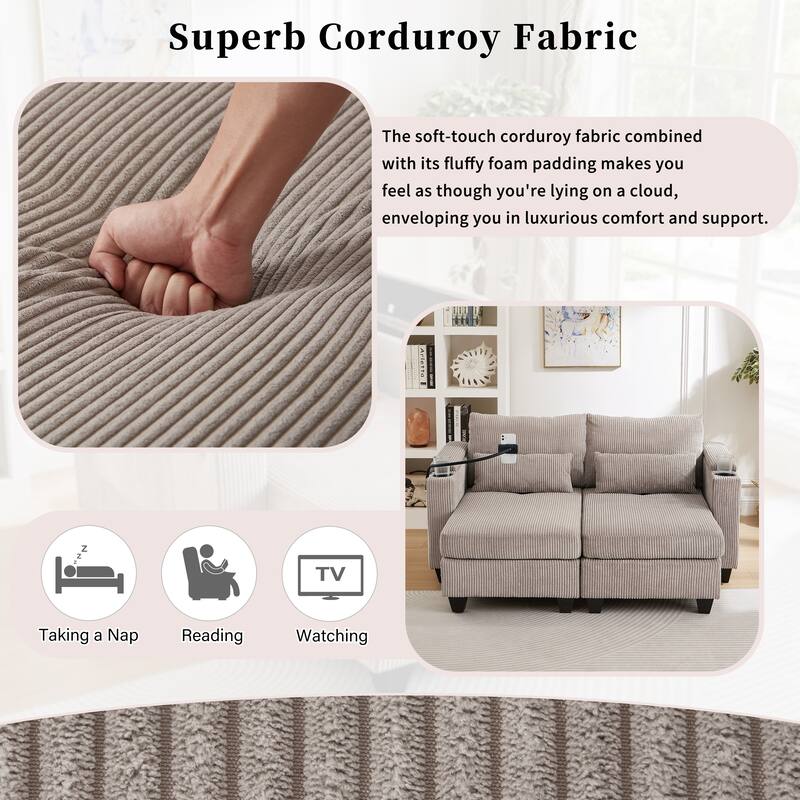 Anmytek 63" Convertible Chaise Lounge Loveseat Sleeper Sofa with USB Ports Cup Holders Phone Holder Storage