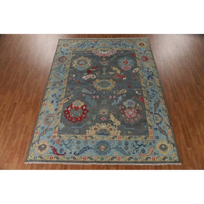 Gray Floral Oushak Oriental Area Rug Hand-Knotted Wool Carpet - 9'0"x 11'9"