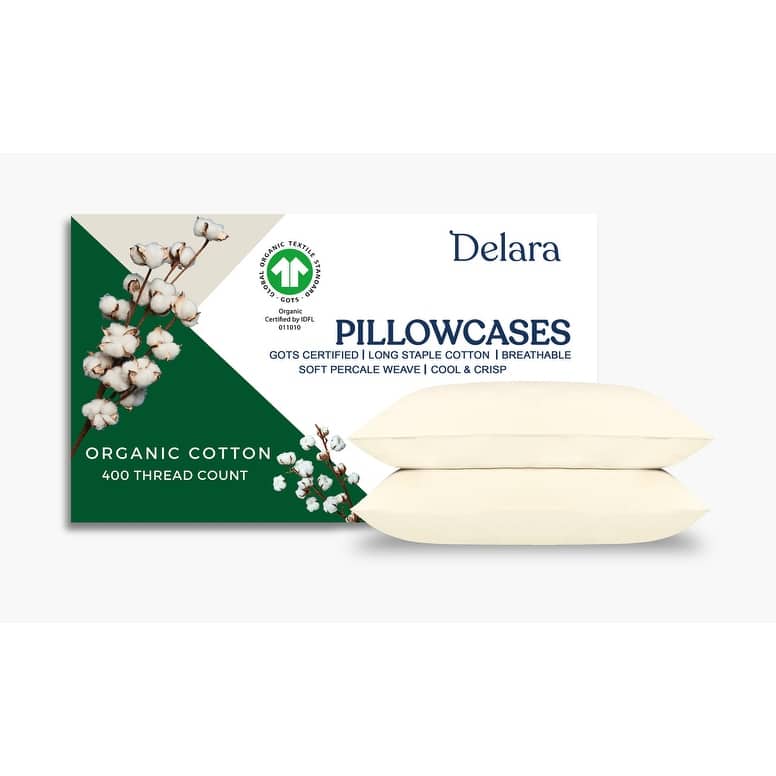 Delara 100% Organic Cotton Percale Pillowcase Pack of 2, GOTS Certified, 400 Thread Count