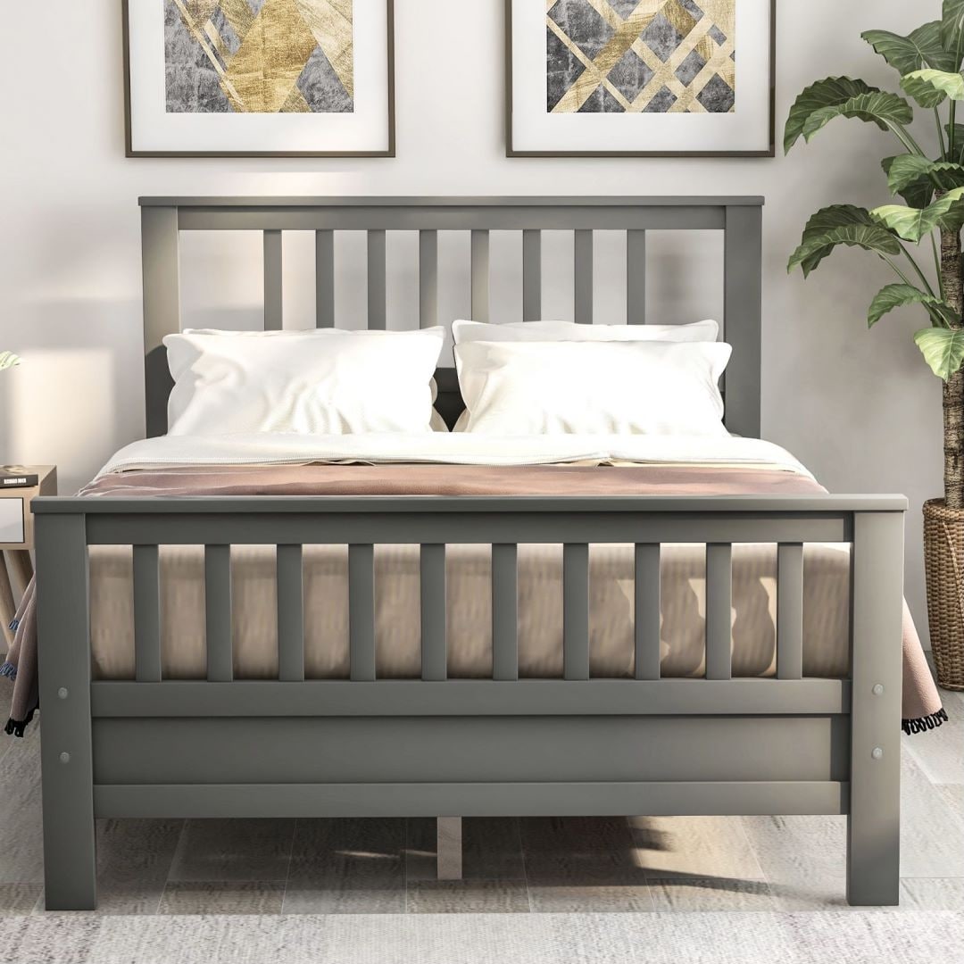 Full size wooden bed store frame with headboard and footboard