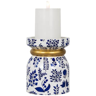 Floral Wooden Candle Holder - 6" - White and Blue