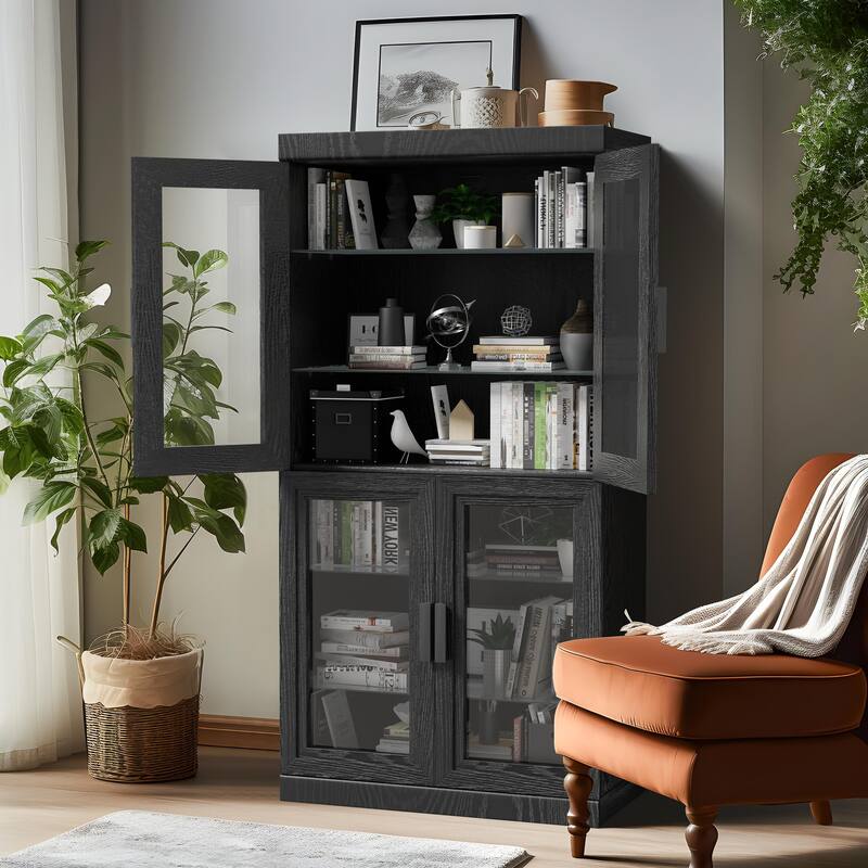 Wood Bookshelf Storage Cabinet with 2 Glass Door and Adjustable Shelf for Kitchen Bedroom Entryway Living Room Dinning Room