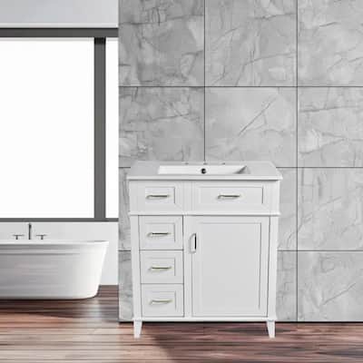Traditional 30" Bathroom Vanity with Ceramic Sink, Soft Close Drawers, Gold Handles, Adjustable Shelf