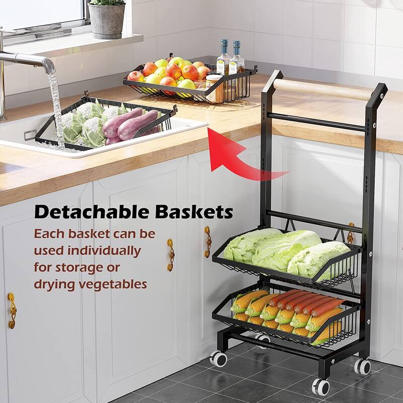 Snack Cart with Wheels 4-Tier Adjustable Fruit Rack Fruit Vegetable Basket Cart Metal Wire Storage Cart Rolling Pantry Utility