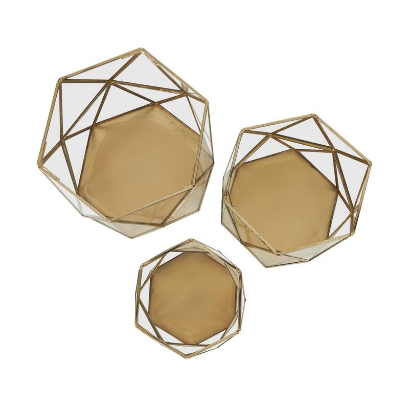 Metal Geometric Wide Diamond Patterned Hexagon Indoor Outdoor Candle Lantern - Set of 3 Gold - CosmoLiving by Cosmopolitan