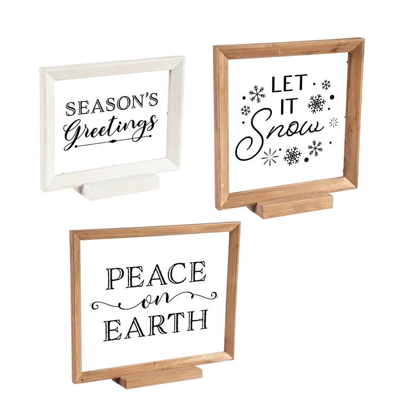 Wood Framed Decor, Set of 3 "Season's Greetings" "Peace on Earth" "Let it Snow"