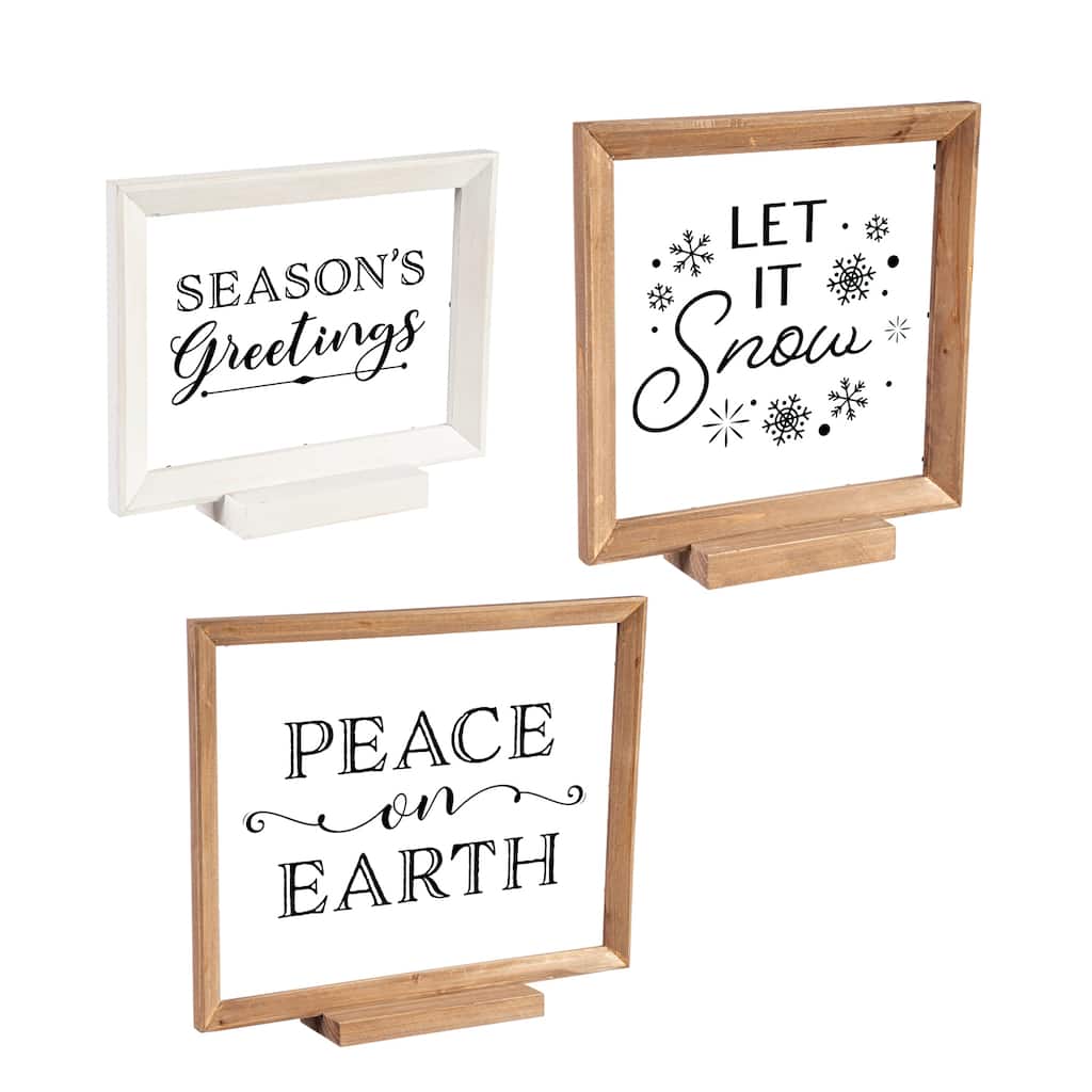 Wood Framed Decor, Set of 3 "Season's Greetings" "Peace on Earth" "Let it Snow"