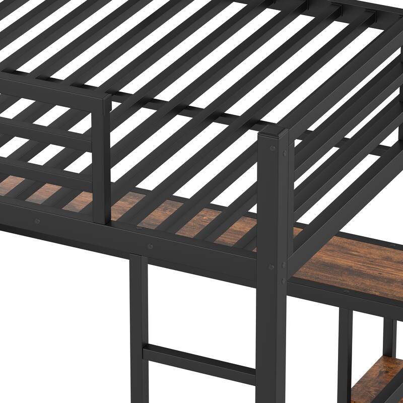 Queen Size Metal Loft Bed with Wardrobe, Desk, and Storage Shelves