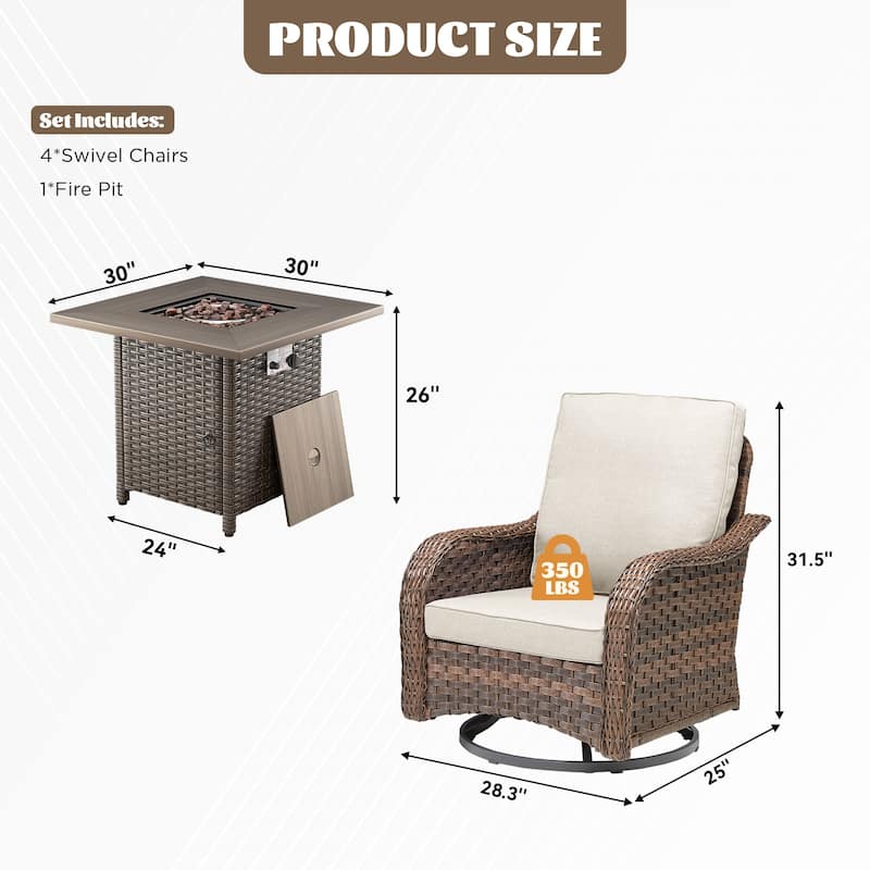 Cavira 5-Piece Brown Wicker Patio Fire Pit Set with 4 Swivel Glider Chairs