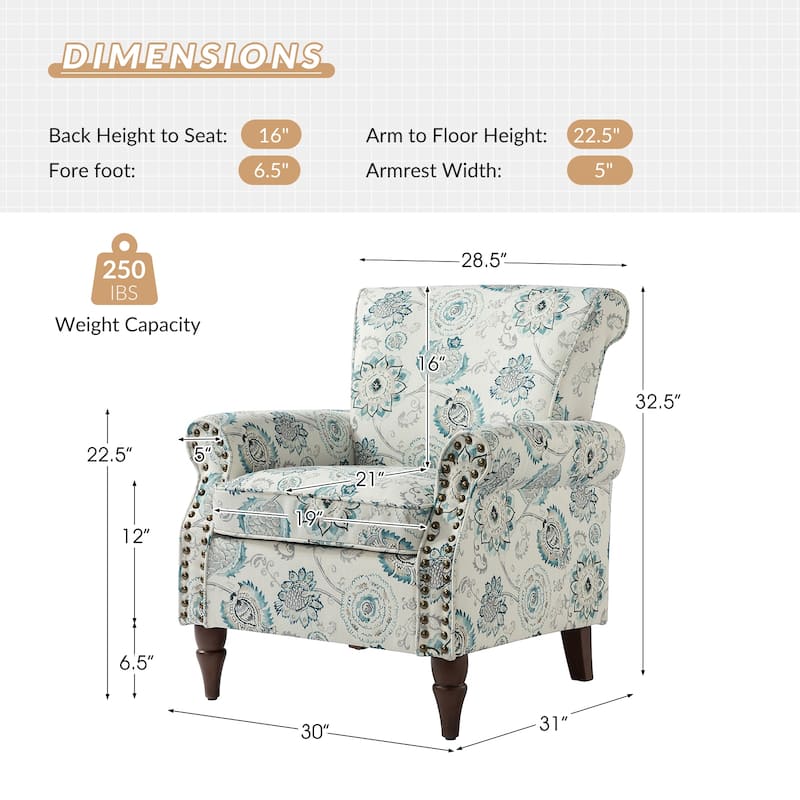 Avelina Upholstered Accent Armchair Floral Pattern with Nailhead Rolled Arms Set of 2