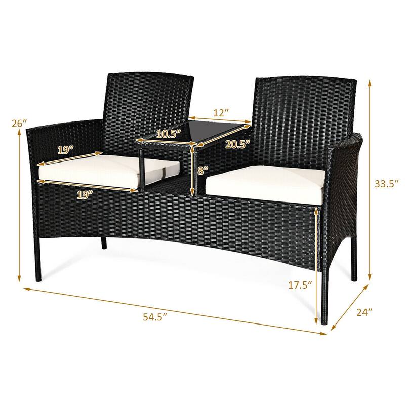 2-Piece Black Wicker Patio Set with White Seat Cushions and Tempered Glass Chat Table - 54.5" x 24" x 33" (L x W x H)
