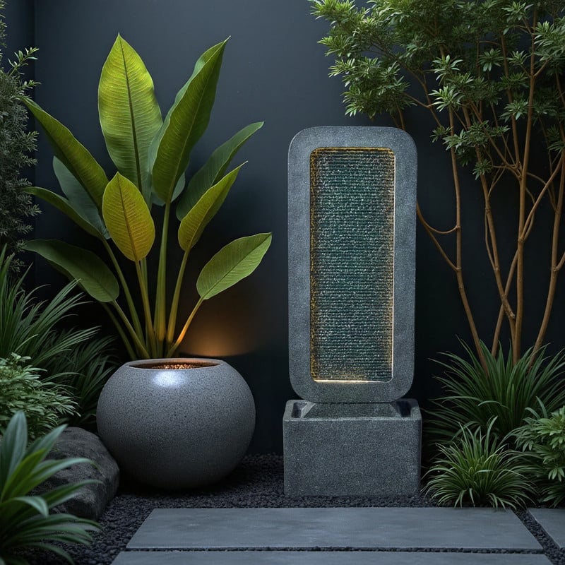 Gray Polyresin Modern Style Cascade with LED Light Weather Resistant Waterfall Fountain
