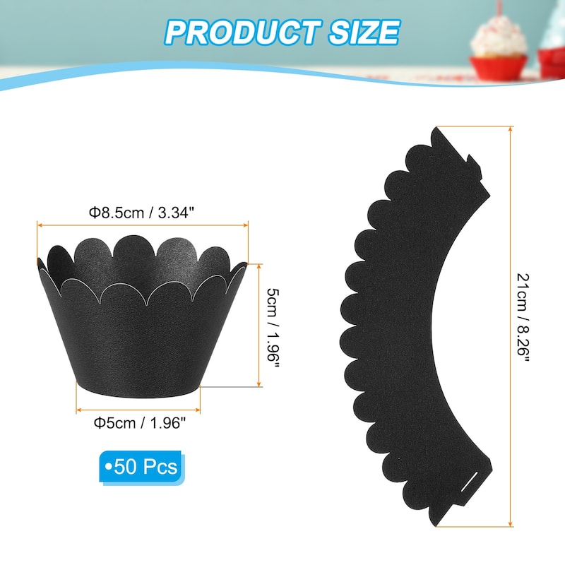 Cupcake Wrappers Paper, 50 Pack Baking Cups Standard Wave Decor - Black