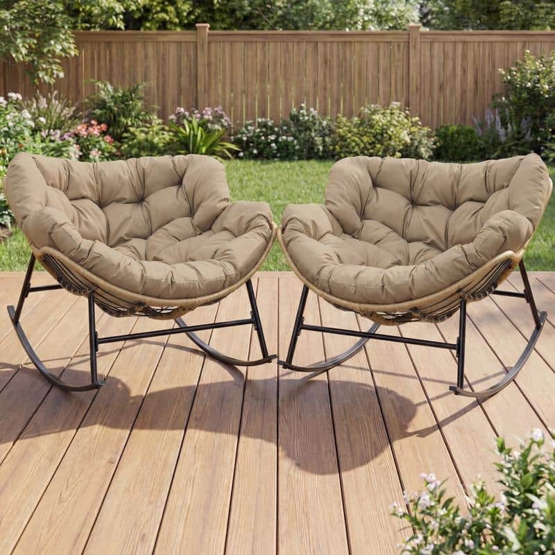Oversized Indoor Outdoor Royal Papasan Rocking Chair, Patio Egg Rocker with Cushions, 450 lb Capacity - 2 PCS-Brown