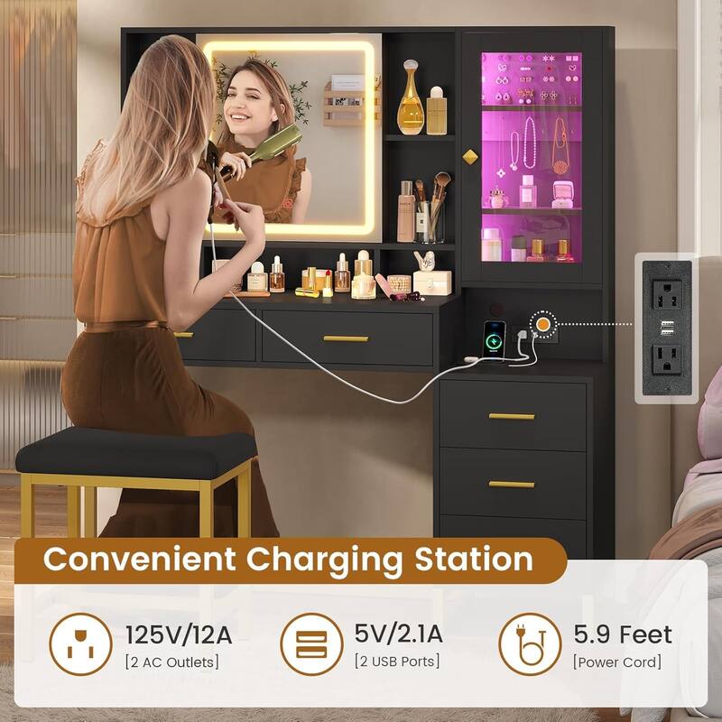 Makeup Vanity with Stool Charging Station Jewelry Storage RGB Lights 5 Drawers Shelves