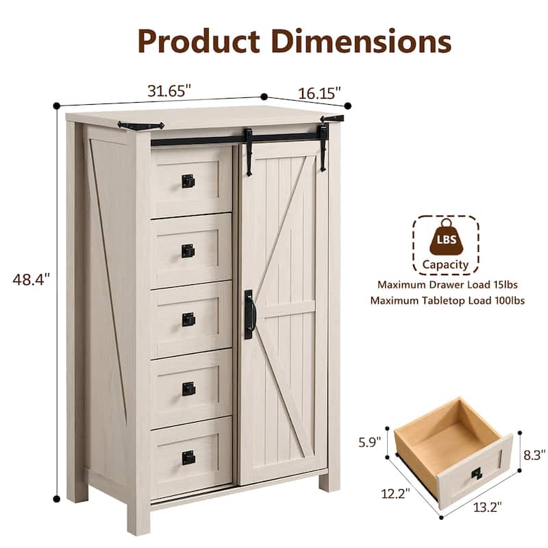 Farmhouse 5 Drawers Dresser, Vintage Chest of Drawers with Barn Door