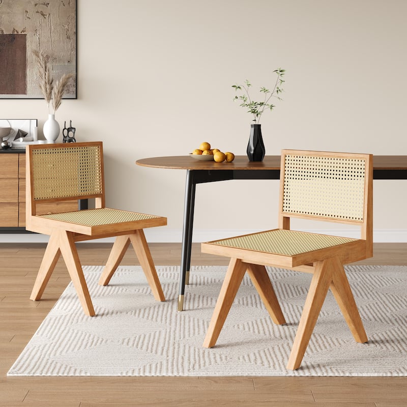 Rattan Dining Chair Set of 2, Armless Side Chairs with Wood Legs - Natural