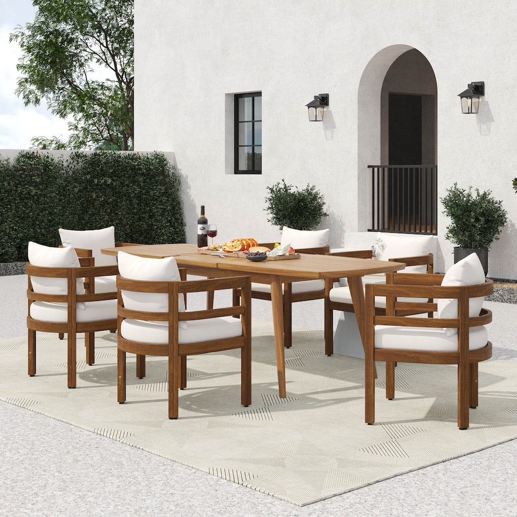Christopher Knight Home - Raventon Outdoor Acacia Wood Extendable 7-Piece Patio Dining Set with Cushioned Chairs