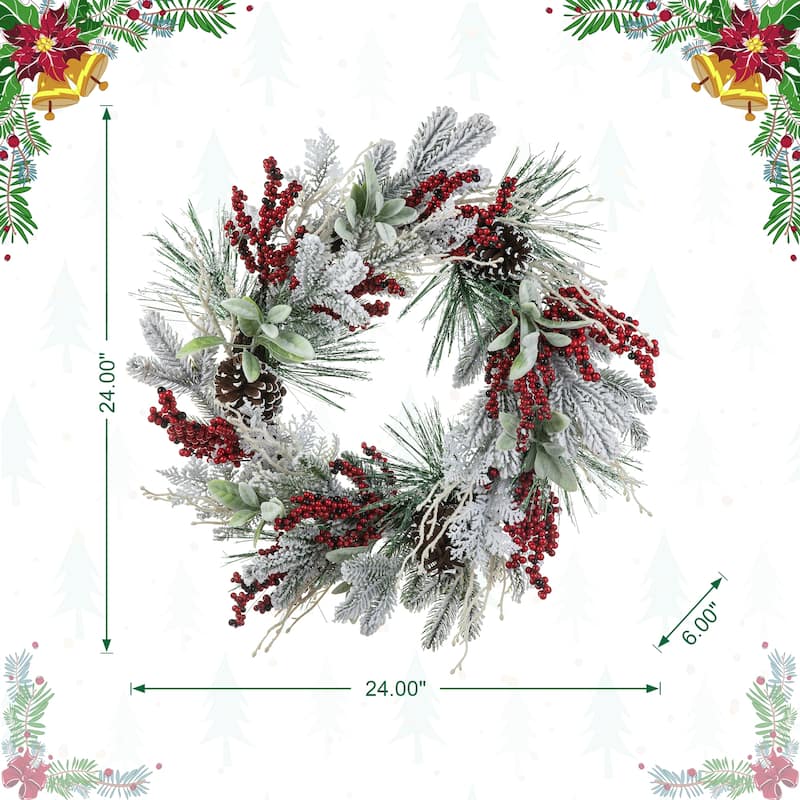 Glitzhome Artificial Christmas Flocked Pinecone Berry Teardrop Wreath Centerpiece